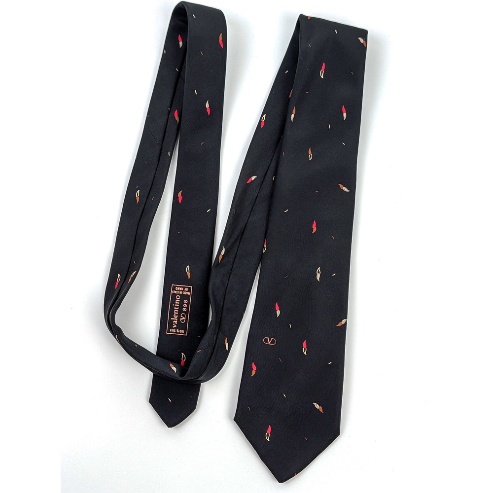 Valentino Cravatte Mens Silk Tie Black Paintbrush Motif Vintage Italy Handmade